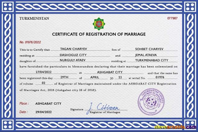 Turkmenistan marriage certificate